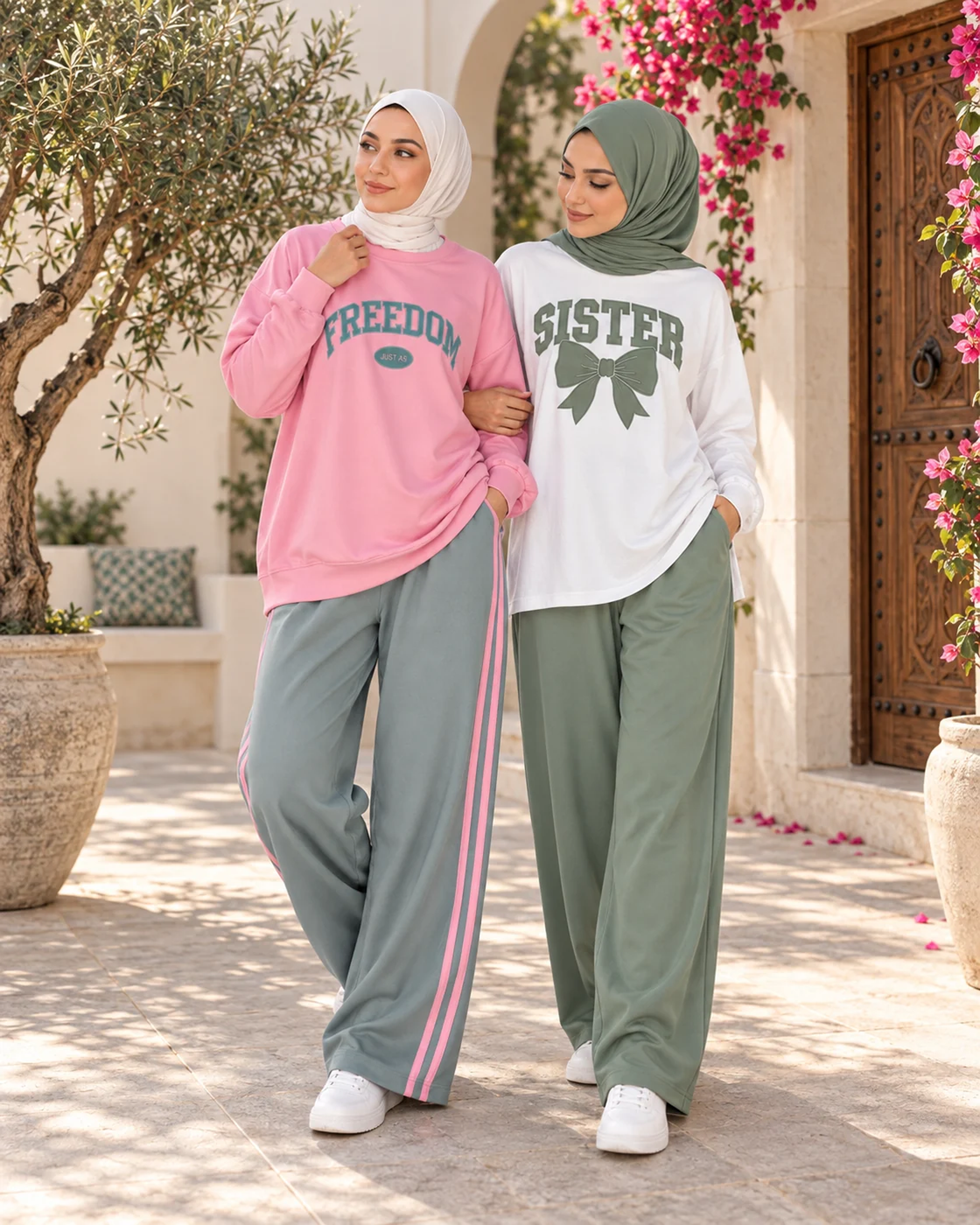 Deux femmes voilées portent les ensembles Freedom et Papillon dans une cour tunisienne
